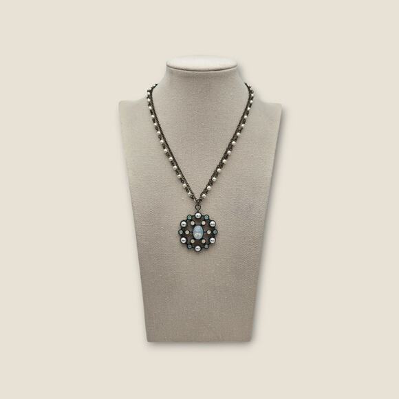 Blue Opal Glass & Faux Pearl Medallion Necklace – Cookie Lee - Picture 10 of 10